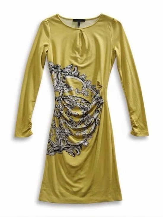BCBGMaxAzria Dresses & Skirts - BCBGMaxAzria green yellow ornate design  long sleeve dress